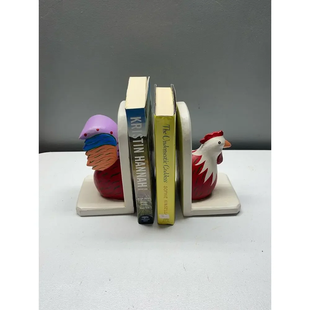 Chicken Bookends, Hand Carved Painted Wood - Bead and Tail
